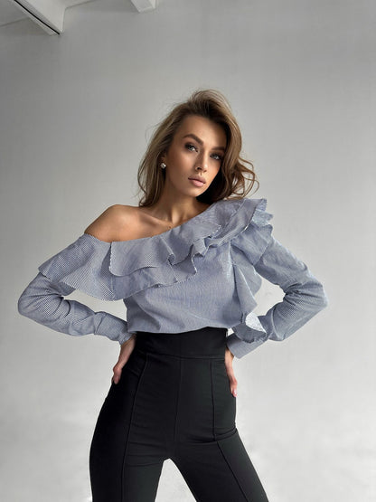 One-Shoulder Ruffle Blouse in Blue and White Stripe — Asymmetric Long Sleeve Cotton Top uk