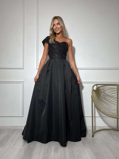 Full-length back view of lavender satin maxi dress with structured corset and one-shoulder silhouette