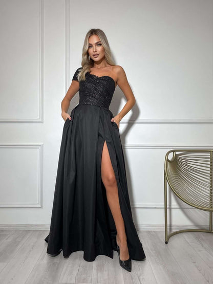 Lavender corset dress with one-shoulder sequin mesh draping and pleated satin maxi skirt by GLOWSYOU